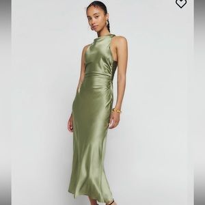 Reformation Casette Silk Dress in Artichoke